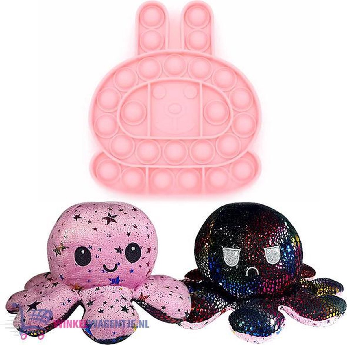 Pop It Fidget Toy (Licht Roze Konijn) + Octopus Mood Knuffel (Roze/Zwart) | pop it fidget toy goedkoop, fidget toy, fidget toys pakket, fidget toys pop it, fidget toys stressbal, speelgoed voor kinderen, TikTok